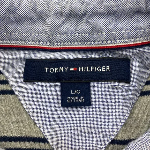 Tommy Hilfiger Polo Shirt Men Large L Gray Blue Striped Casual Golf Embroidered - Picture 3 of 8